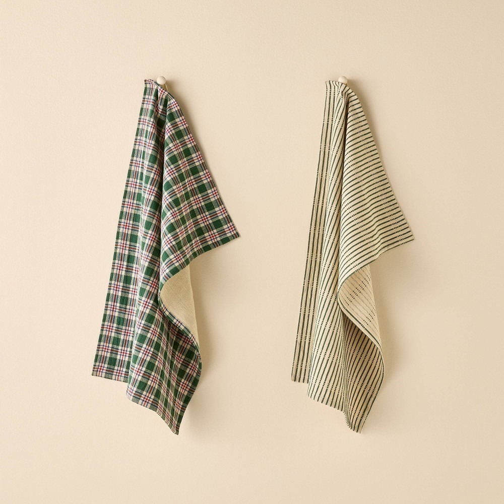Set of 2 Christmas Kitchen Towels, Striped/Gingham - Hearth & Hand Magnolia